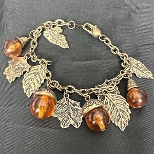 Vintage 14KGP Acorn and Leaf Charm Bracelet- Costume Jewelry- Faux Amber